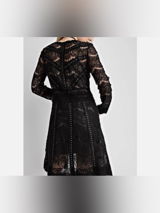 Vocal Sweaters - VOCAL Black Studded Lace Long Open Cardigan Duster Goth Women’s Size Large